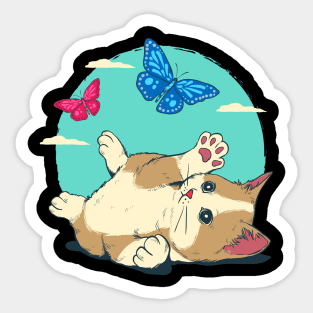 Cute Cat Playing With Butterfly Blue Sky Sticker